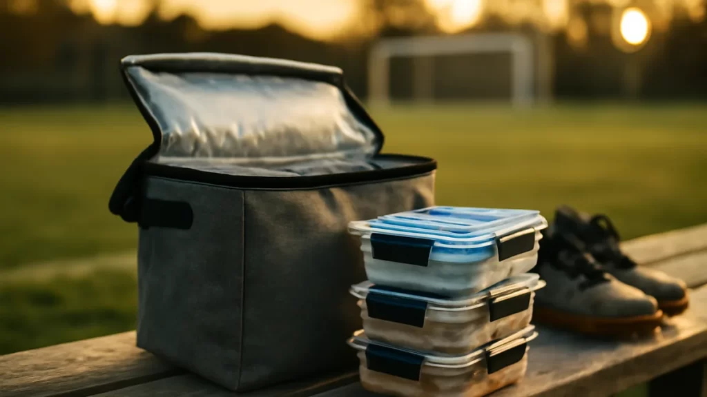 Practical kit for a week of meal prep: containers, cool bags and portioning Insulated cool bag and stacked sealed containers on bench by pitch