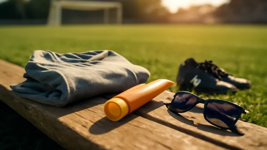 Practical sun protection for outdoor athletes Folded athletic top, sunscreen, sunglasses and cleats on sunlit sideline