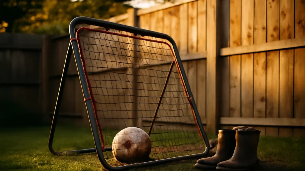 Backyard rebounder, football on grass, muddy boots, warm late-afternoon light.