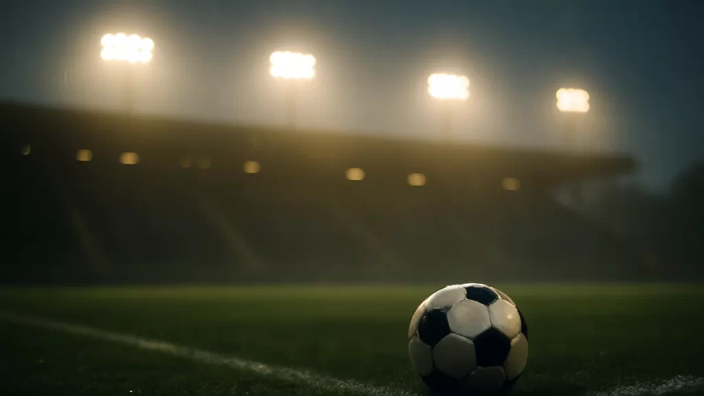 Single football on wet grass near sideline, floodlights glowing, empty stands blurred