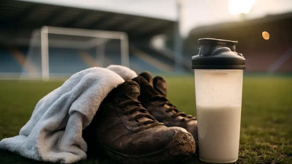 Recovery after training: choosing shakes or whole food Cleats, towel and unbranded shaker bottle on wet pitch, empty stands blurred