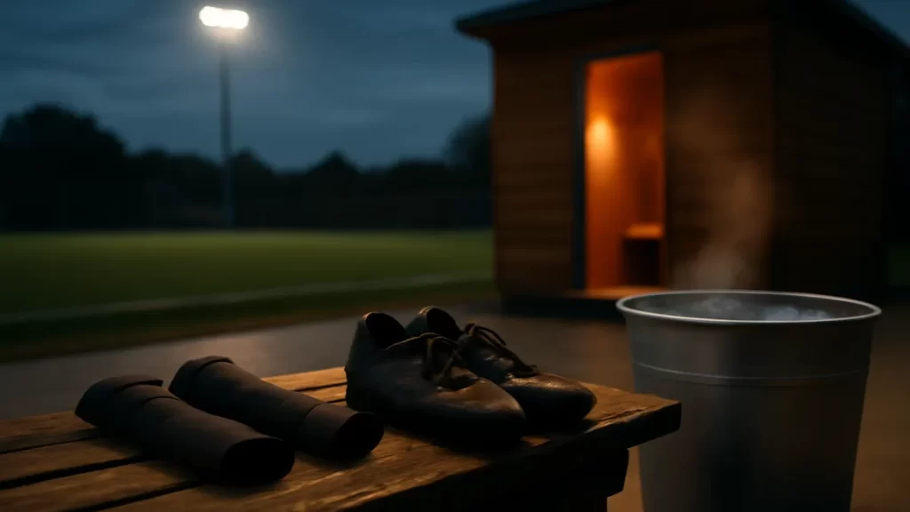 Compression sleeves on bench, ice tub nearby, sauna doorway glowing warmly