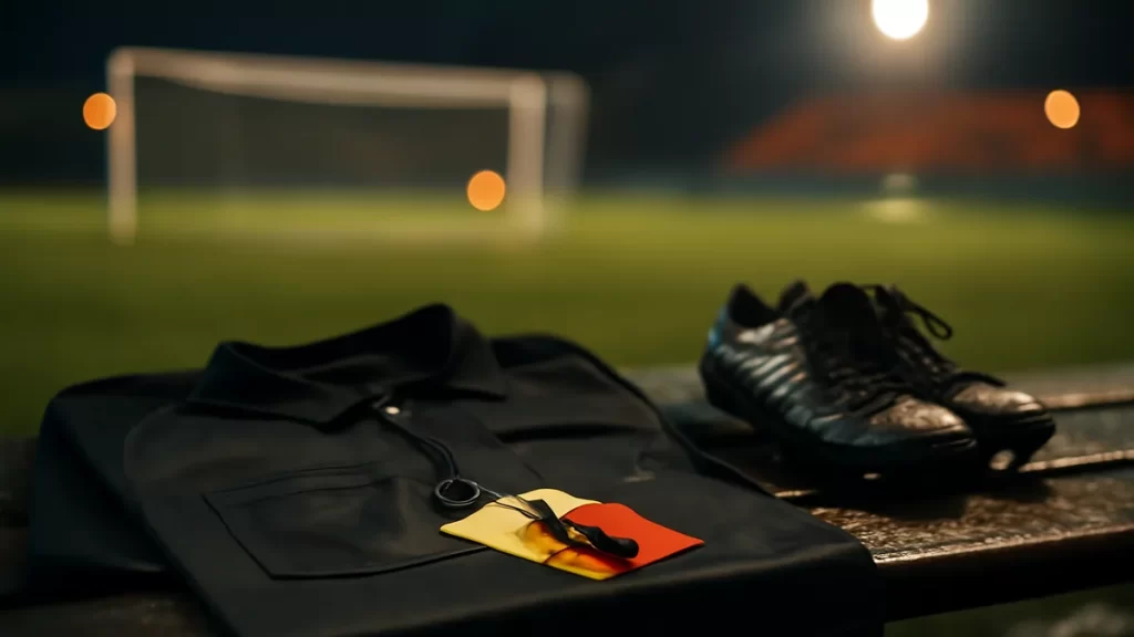 Referee kit on wet sideline: shirt, whistle, cards, boots, blurred stands