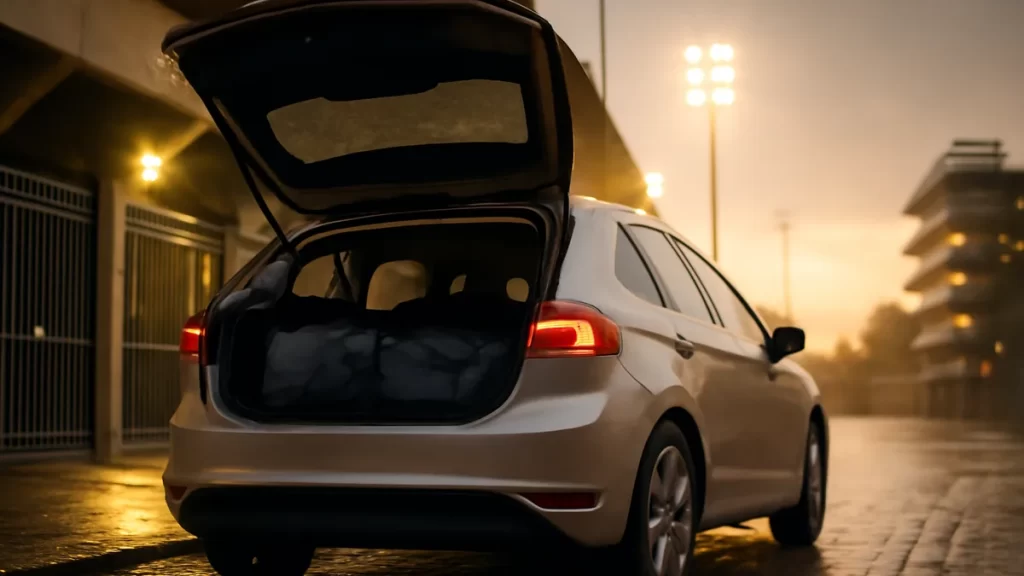 Hatchback with open boot and bags beside empty stadium at dusk
