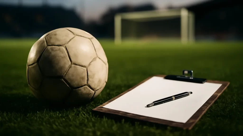 Request for Lynn Biyendolo’s verified career details Football on turf beside clipboard and pen, empty floodlit stadium.
