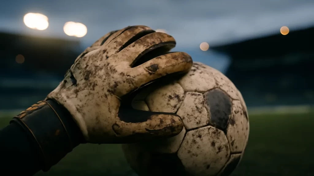 Request for verified career facts for Alyssa Naeher profile Goalkeeper gloves and ball on wet turf under stadium floodlights.