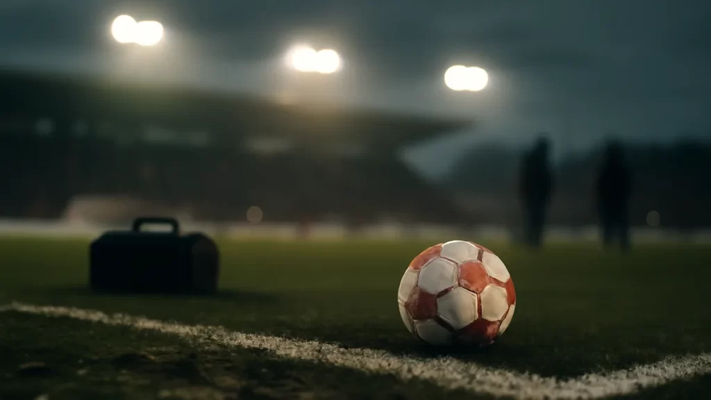 Match ball on wet turf beside blurred medical bag and silhouetted staff.