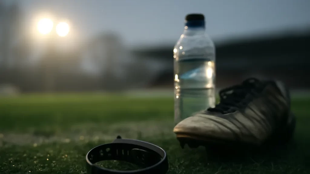 Fitness tracker face-down on grass beside a boot under floodlights.