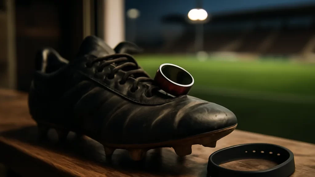 Smart ring and tracker band on scuffed football boot, floodlit pitch blurred