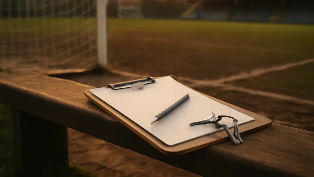 Starting a Sunday league club: a practical decision guide Clipboard and keys on bench by goal net at empty community pitch.