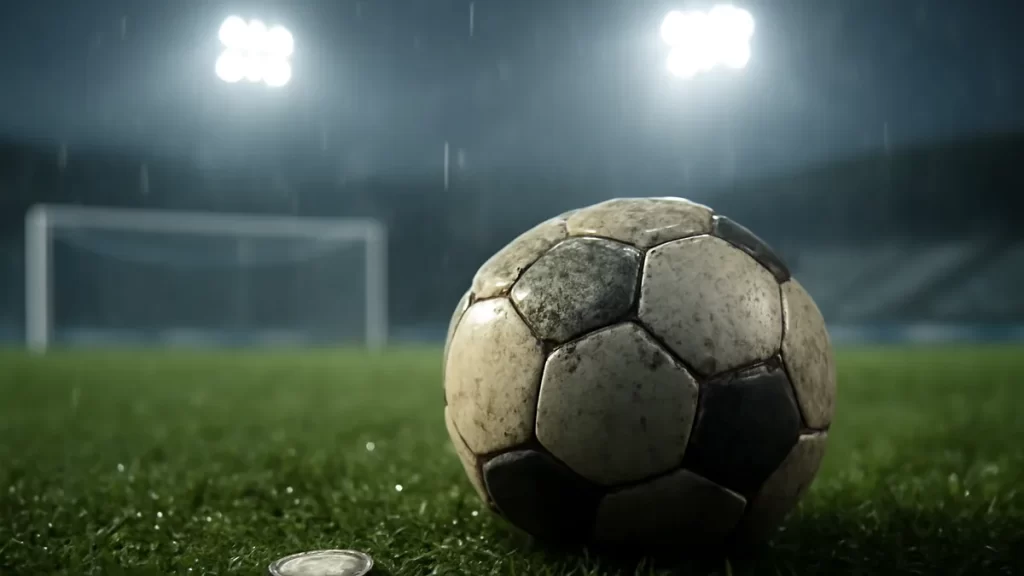 Statistical fallacies to avoid before placing a bet Worn football and small metal token on wet pitch under floodlights.