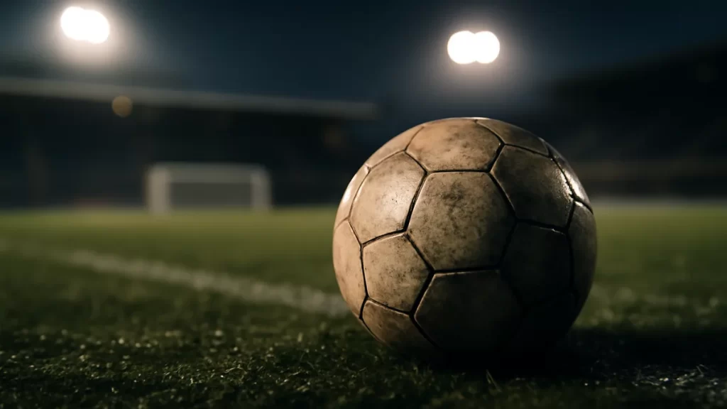Sun Wen: China’s forward who rewrote the playbook for attackers Scuffed football on wet pitch with blurred goal and floodlights