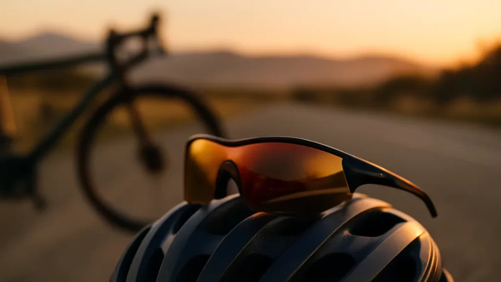 Sunglasses for outdoor sport: choosing lenses, fit and safety Wraparound sunglasses on a helmet at golden hour, blurred bike and hills