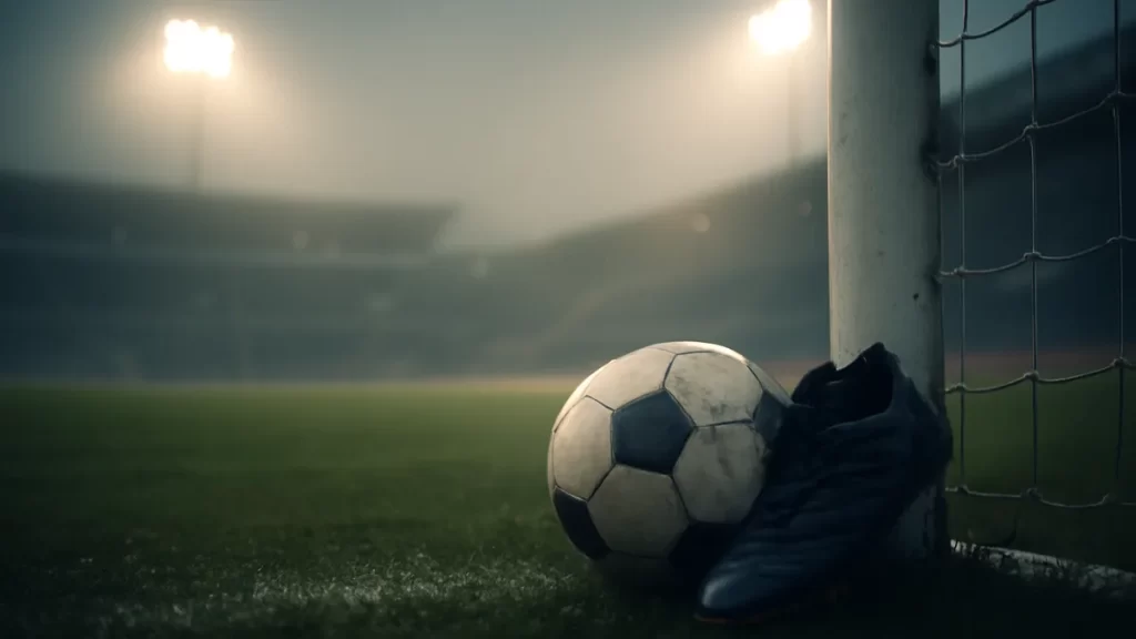Worn football boot and scuffed ball by goalpost under floodlights.
