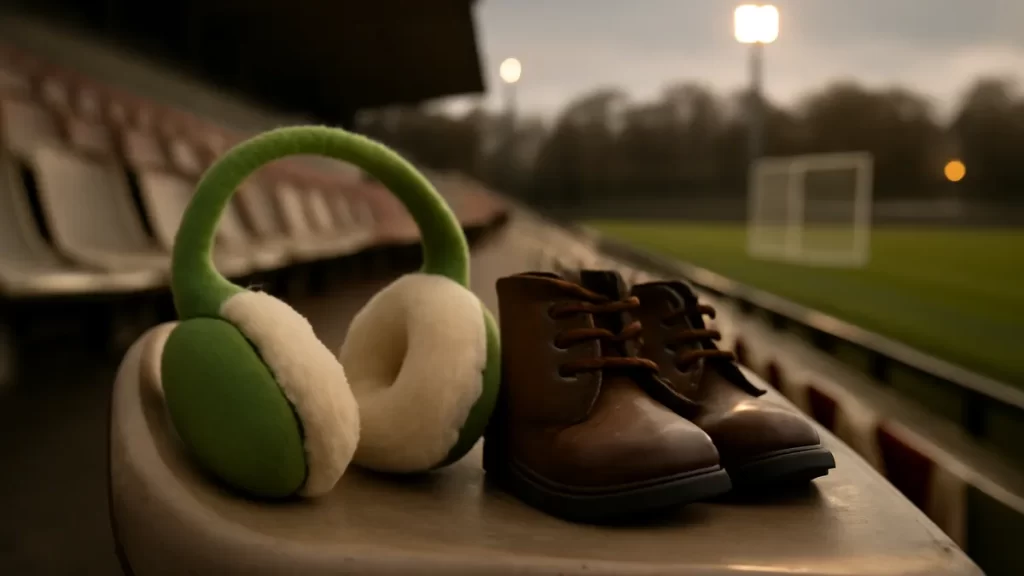 Child-sized earmuffs and boots on a stadium seat, floodlights glowing