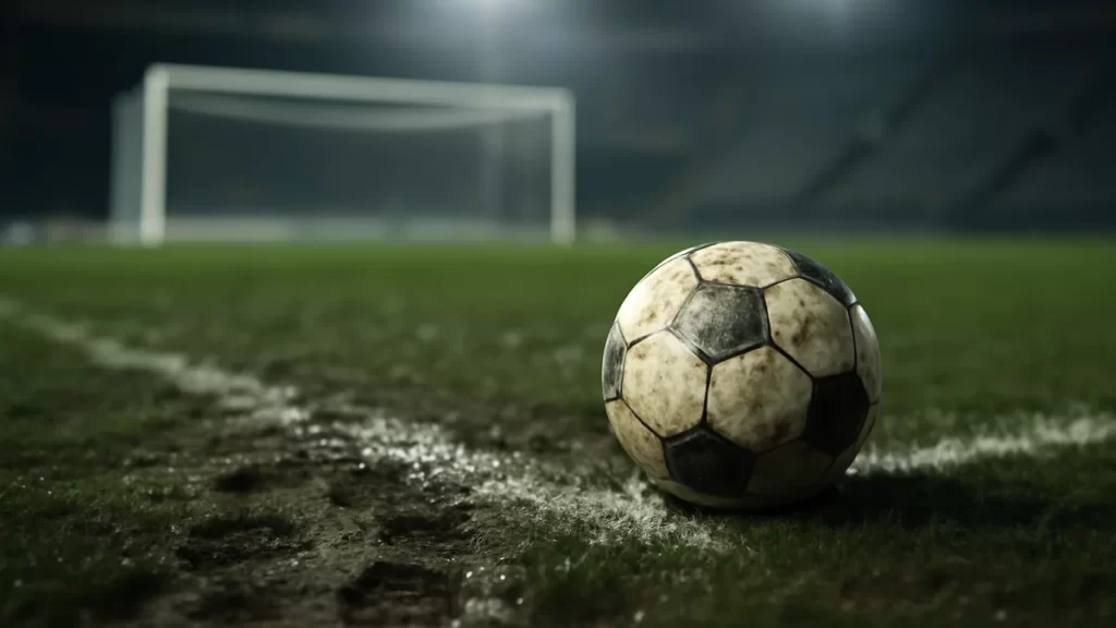 Scuffed football on wet pitch near goal, muddy bootprints and floodlights.
