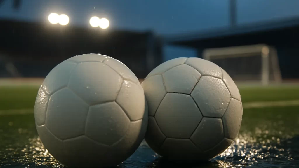 Two unbranded footballs—smooth bonded and stitched—on wet grass.