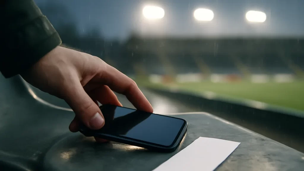 Ticket resale platforms compared: choosing by fees and guarantees Smartphone and blank paper ticket on empty stadium seat at dusk
