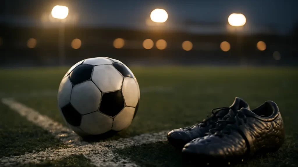Ball and boots on wet pitch at dusk, floodlights and empty stands blurred.