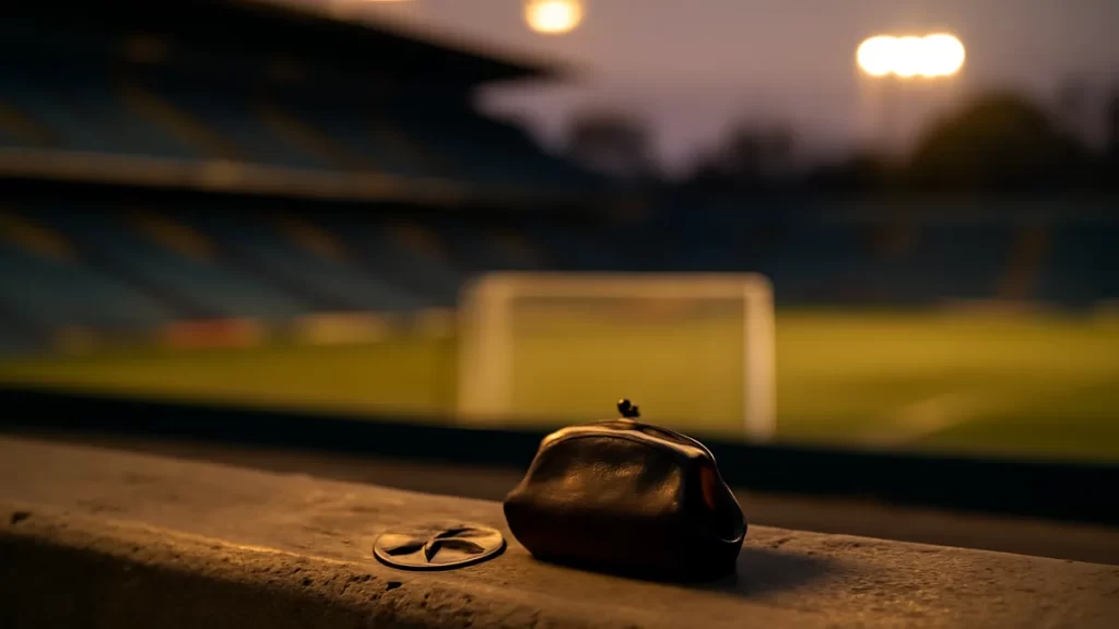 Travel money for a match abroad: pick the right payment mix Leather coin purse and loose change on concrete railing, blurred pitch