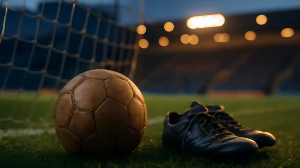 Scuffed football on wet grass by goal, boots and blurred floodlights.
