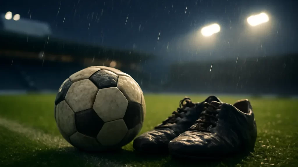 Wet football beside boots on sideline under evening floodlights.