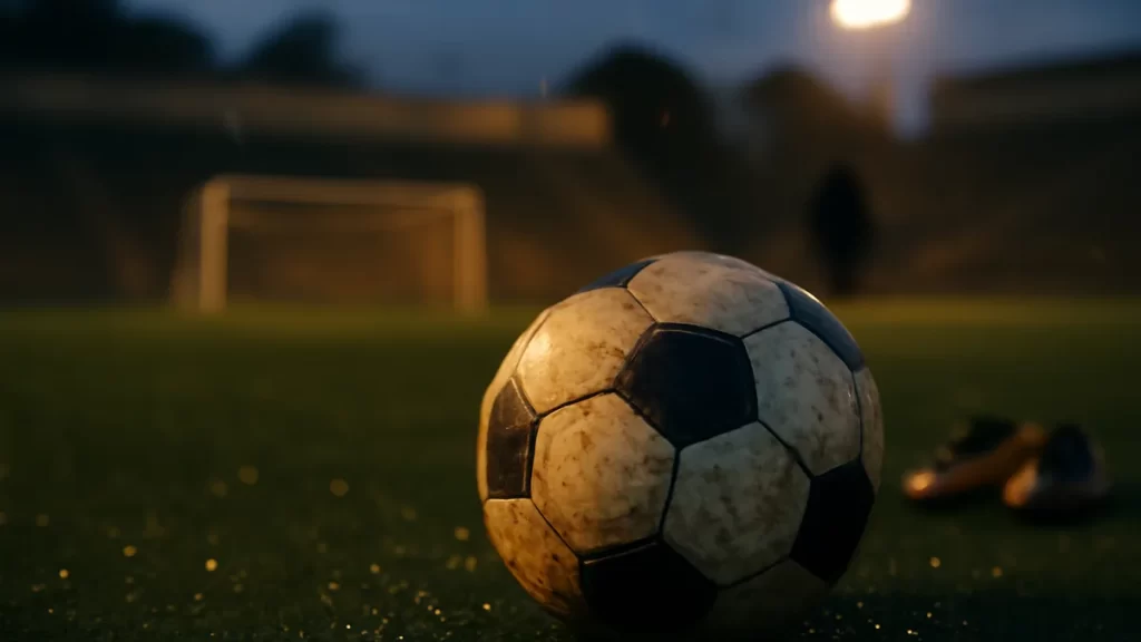 Vanessa Gilles: Canada’s commanding centre-back and tournament winner Scuffed football on wet pitch near goal, floodlights and empty stands.