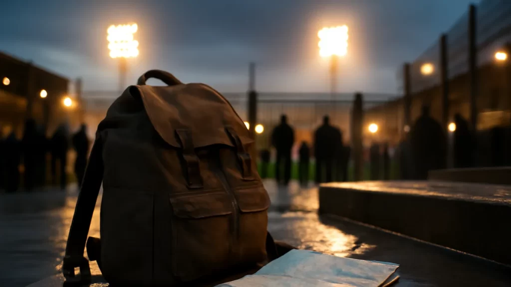 Backpack and folded map on steps with stadium floodlights behind