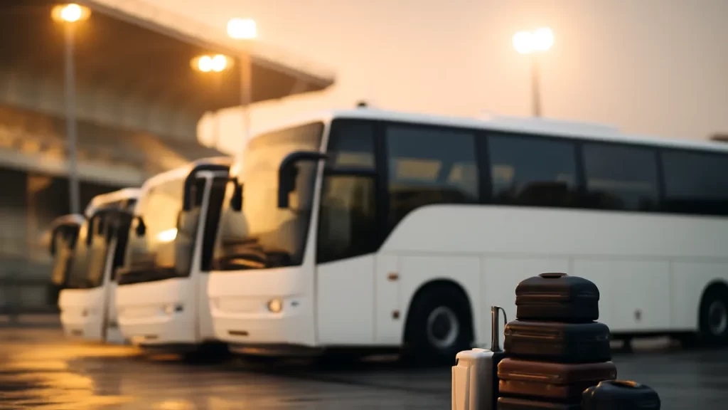 What a sports travel operator actually adds to a match trip Unbranded coaches and stacked suitcases outside a floodlit stadium at dawn