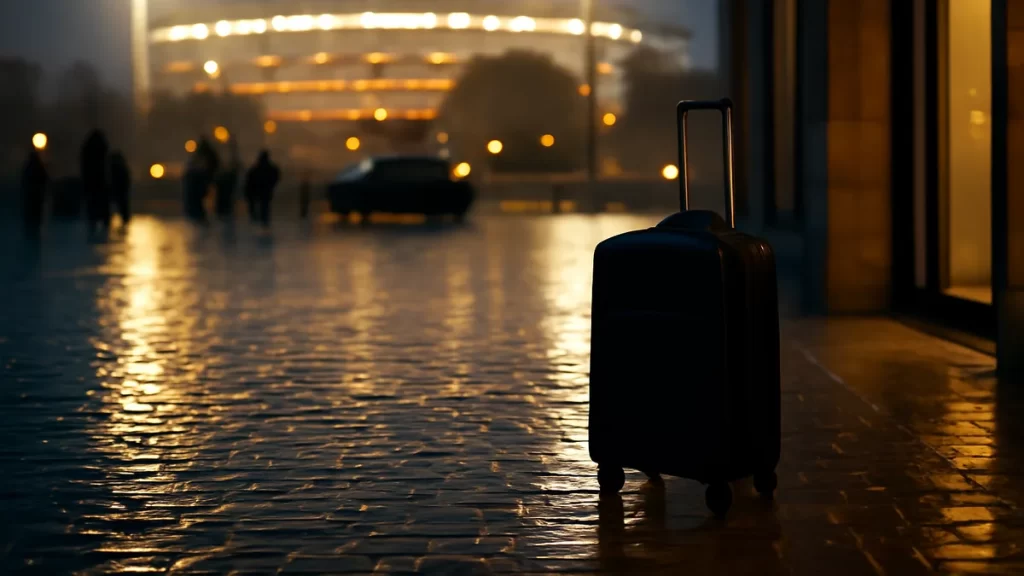 Wheeled suitcase on wet curb with floodlit stadium blurred beyond