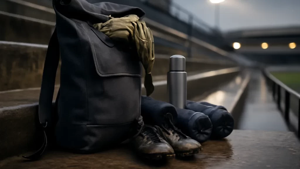 Packable parka, rolled layers, boots and thermos on wet terrace step