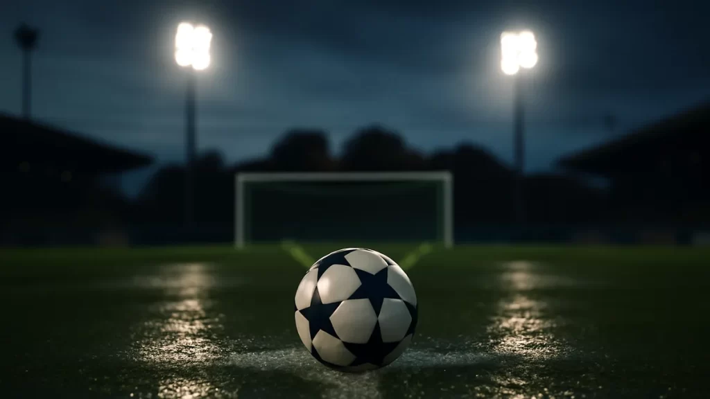 Arsenal drawn with Barcelona and Lyon in heavyweight Champions League group Match ball on wet pitch under floodlights, empty goal and blurred stands.