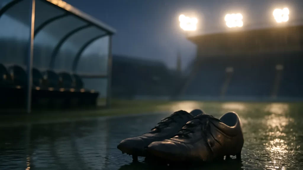 Muddy boots beside an empty dugout on a rain-slick pitch at dusk.