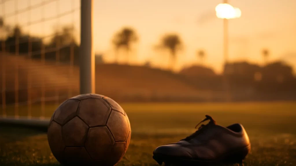 Football and single boot on wet pitch with empty stands