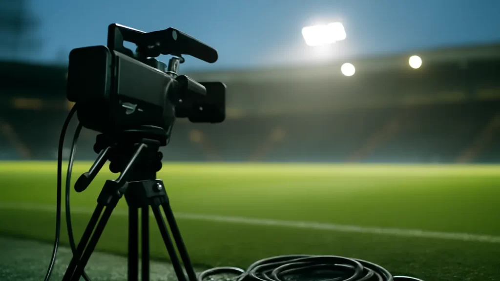 Broadcast camera on tripod by floodlit empty pitch at dusk, blurred stands