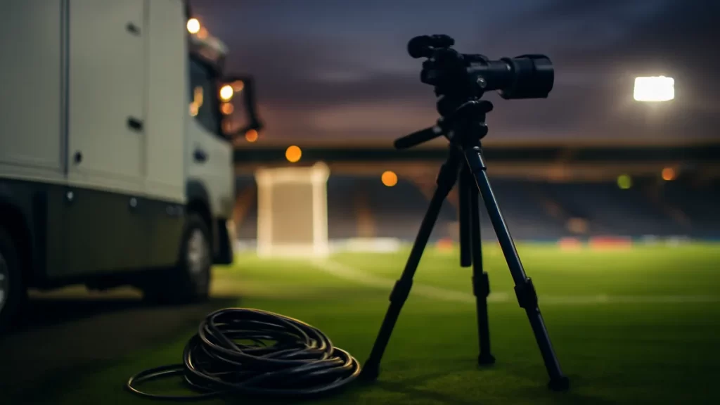 Broadcasters, governing bodies ask chancellor for TV tax relief for women’s sport Floodlit pitch edge with broadcast camera, cables, empty stands, goal net.