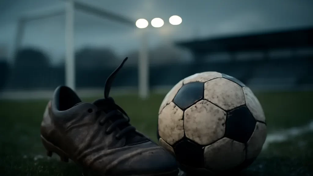 Scuffed boot and ball on wet pitch with empty stands and floodlights.