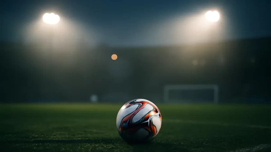 Match ball on dewy centre circle, floodlit stadium, empty stands blurred.