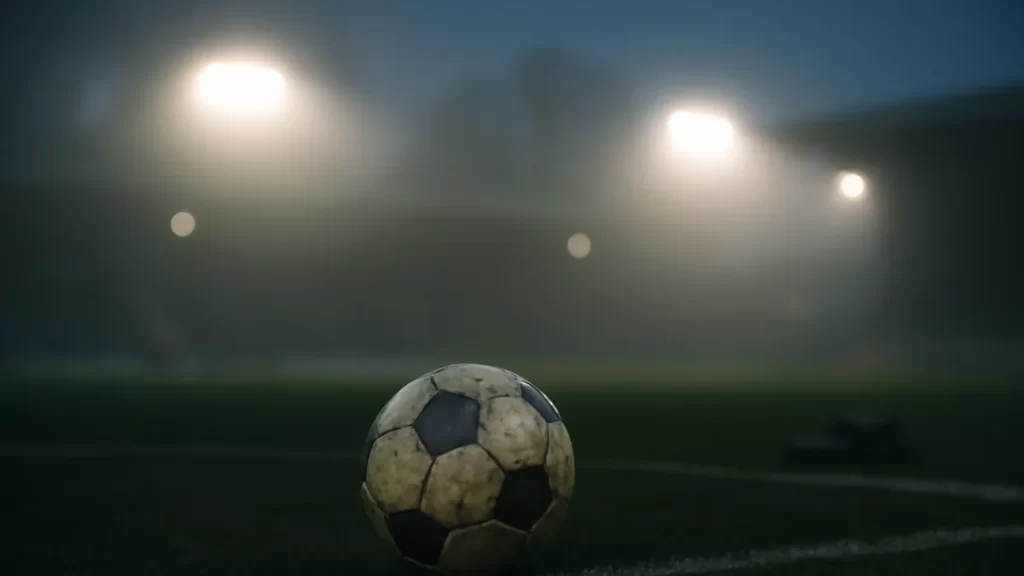 Scuffed ball on centre circle, floodlights and empty blurred stands.