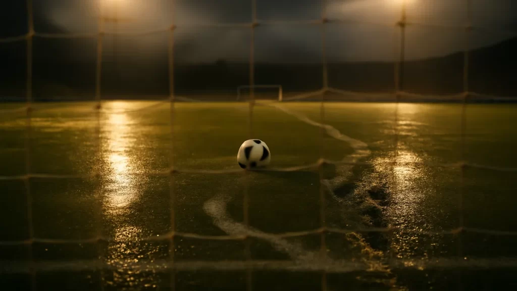Wet pitch at night with ball near penalty arc and blurred goal net