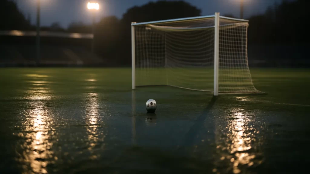 Solitary football in wet goalmouth under floodlights, empty stands blurred.