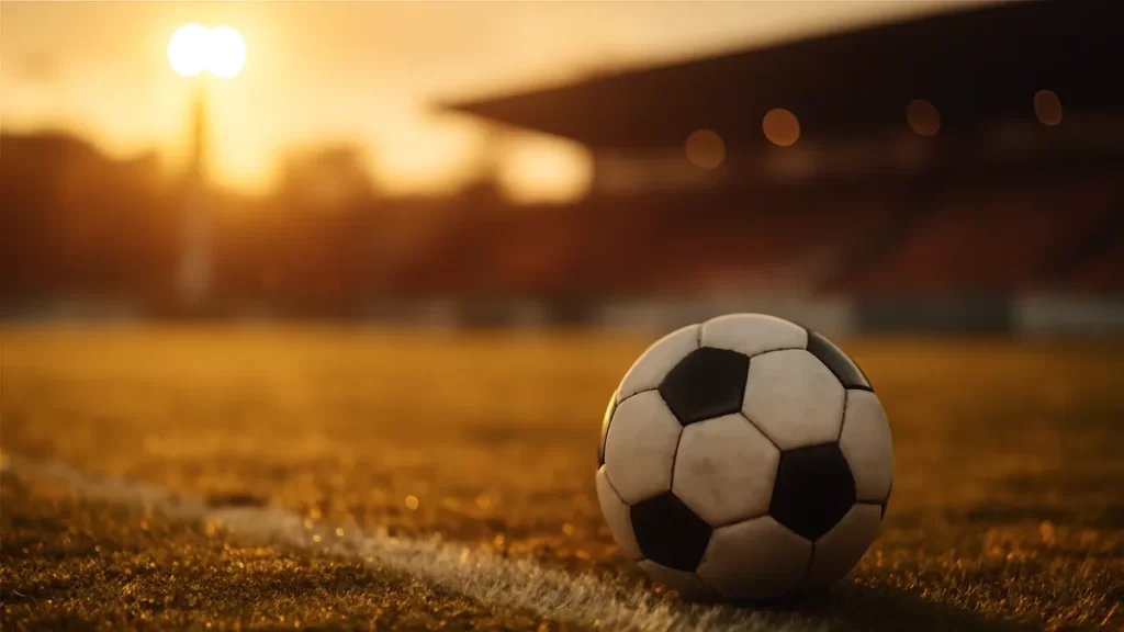 Football on wet turf under stadium floodlights with empty blurred stands.