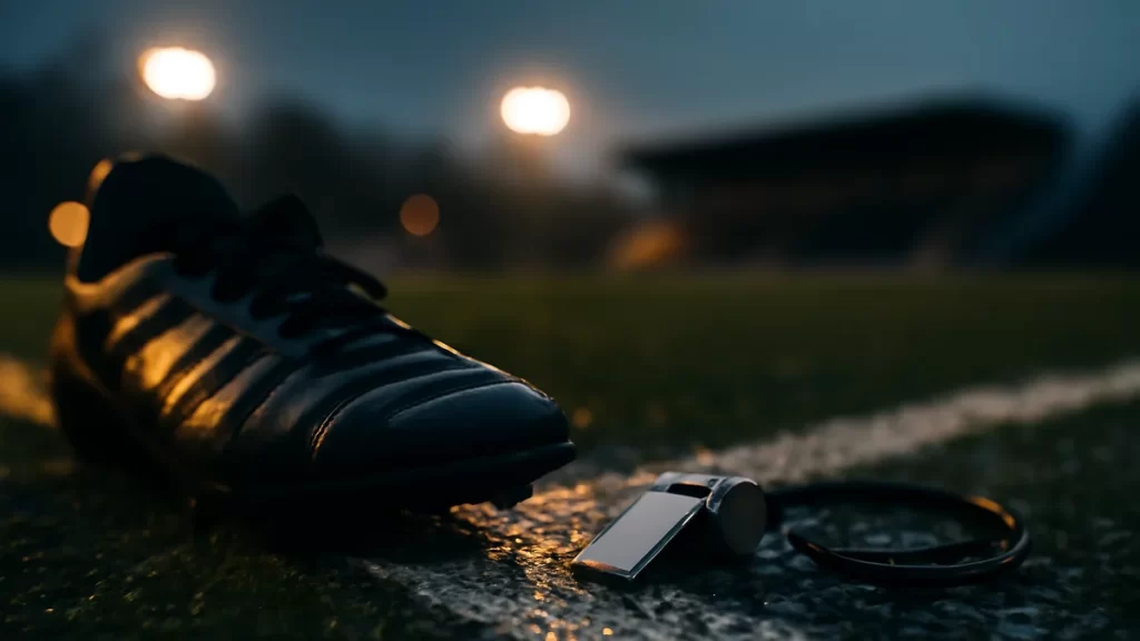 Scuffed football boot and whistle on wet touchline under floodlights.