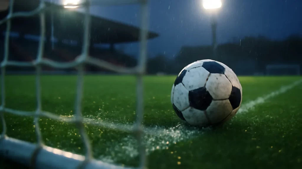 Late collapse puts Chelsea’s WSL title hopes under scrutiny Scuffed football near goal line on wet pitch under floodlights