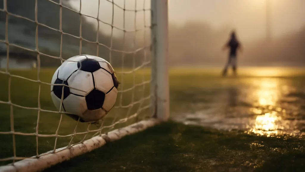 Football in net under floodlights, wet pitch and empty stands.