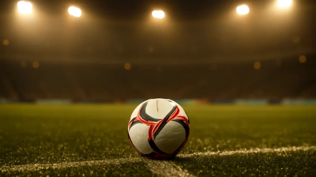 A lone football on wet centre circle under stadium floodlights, empty stands.