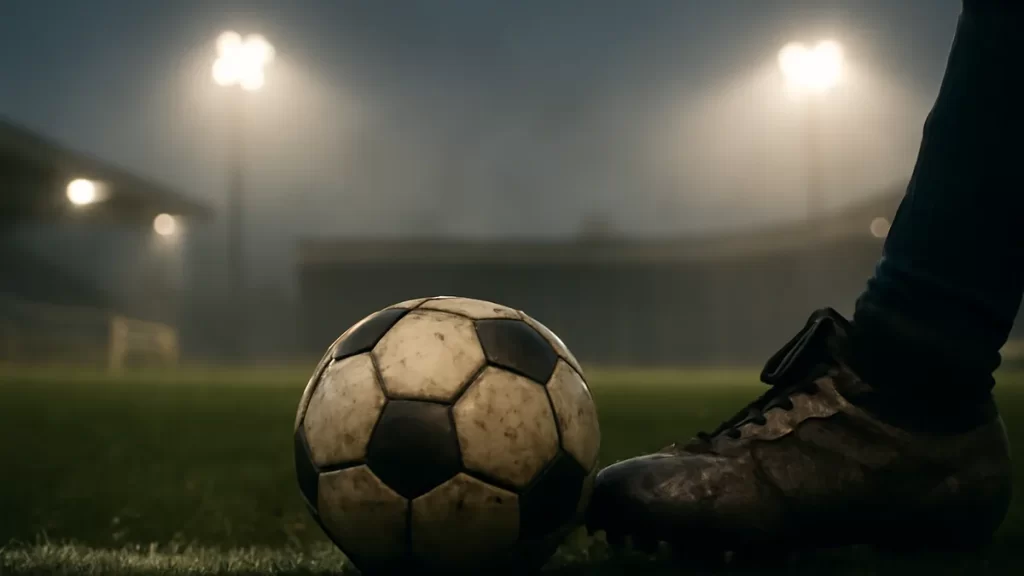 Scuffed football and muddy boot on wet pitch under stadium floodlights.