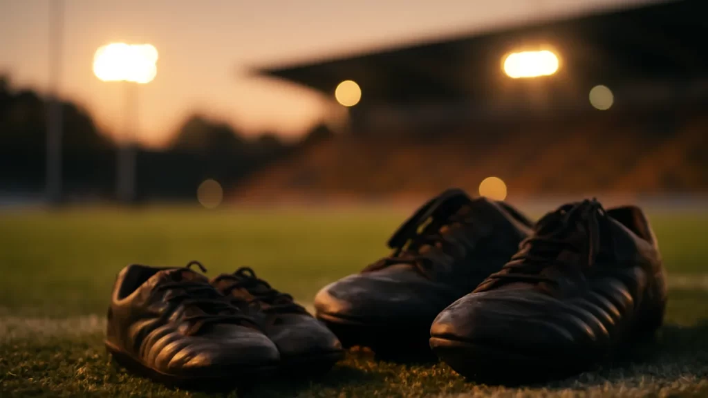 Youth soccer cleats and senior boots on sideline by empty stadium.