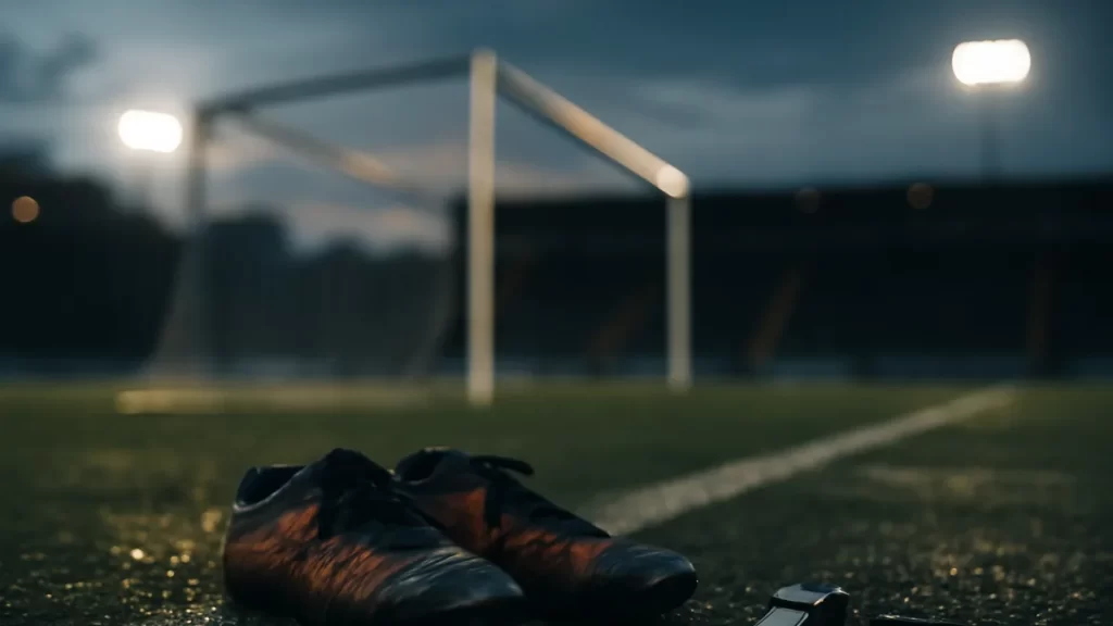 Scuffed boots and whistle on wet pitch under dim stadium floodlights.
