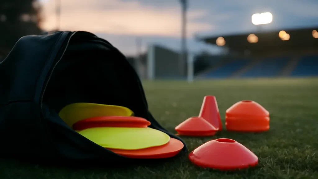 Open kit bag with neon markers and cones on dewy grass.